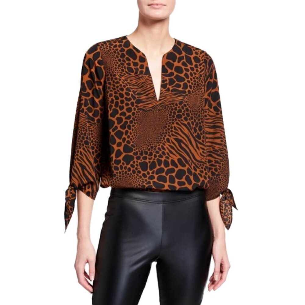 Michael Kors Brown and Black Animal Print V-Neck Blouse